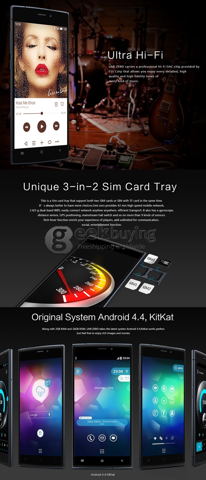 Free Shipping UMI ZERO 5.0 inch Android 4.4 MTK6592T Octa Core 2.0GHz Smartphone 2GB+16GB 13.0MP+8.0MP IPS FHD 3G/GPS - Dark Blue