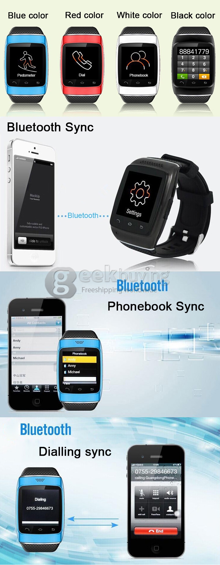 Q2 Smart Bluetooth 1.54 Inch Touch Screen Watch Support SYNC Anti Lost Mic FM Pedometer Music Play - White