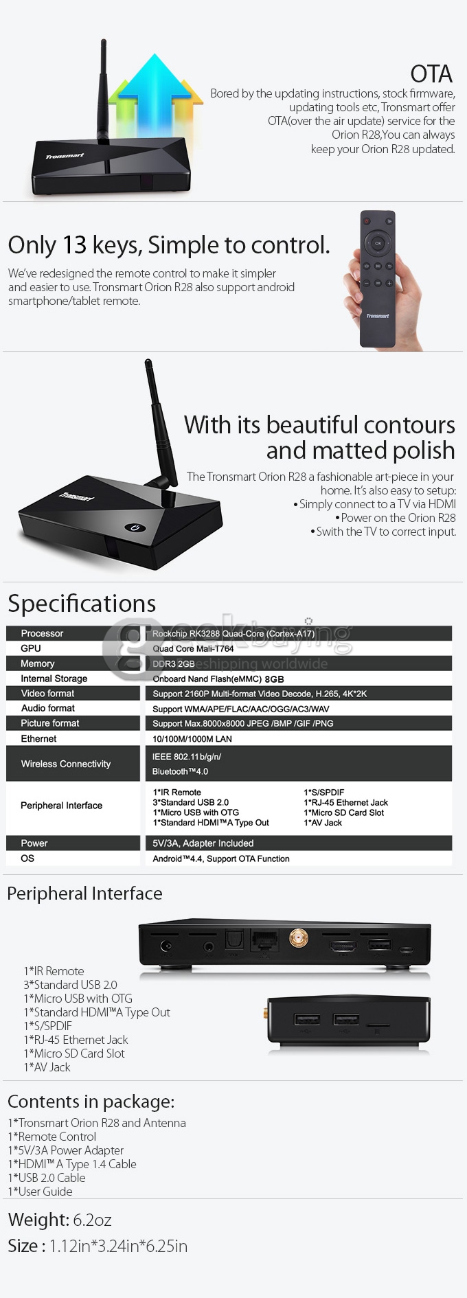 [Spain Stock] Tronsmart Orion R28 Pro RK3288 Quad Core 1.8GHz Android 4.4 Mini TV Box HDMI HDD Player 2G/8G Wifi Bluetooth Support 4K OTA OTG