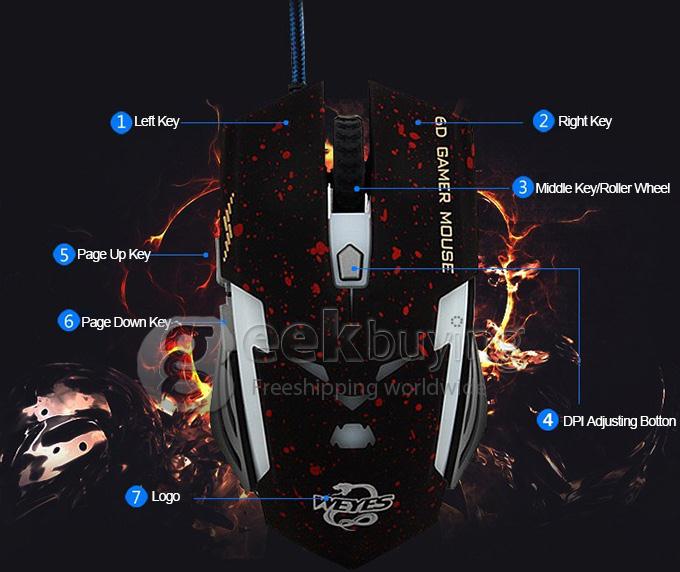 WEYES MS-929 Wired 6-Key USB 2.0 800 / 1000 / 1600 / 2400dpi Optical Gaming Mouse - Black + Red