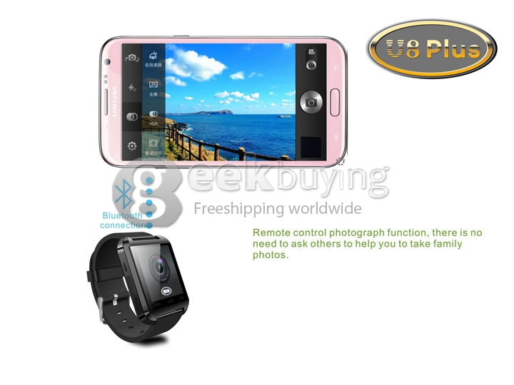 [UK Stock] U8 Plus Touch Screen Bluetooth 4.0 Smart Wrist Watch Anti-lost Remote Camera for iPhone Android Phone - Black