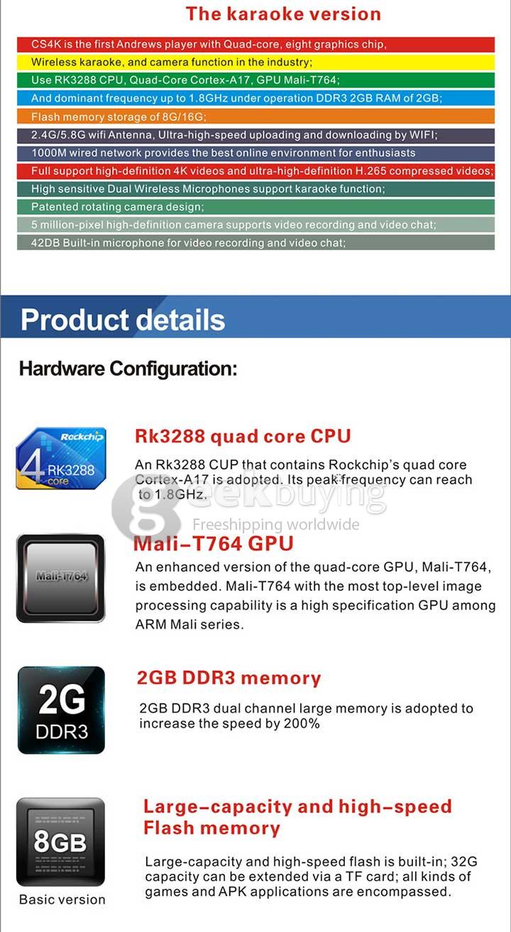 Karaoke System CS4K RK3288 Quad Core Android 4.4 Mini TV BOX HDMI HDD Player 2G/8G 2.4G/5G WIFI Bluetooth 5.0mp Camera Wireless Microphone