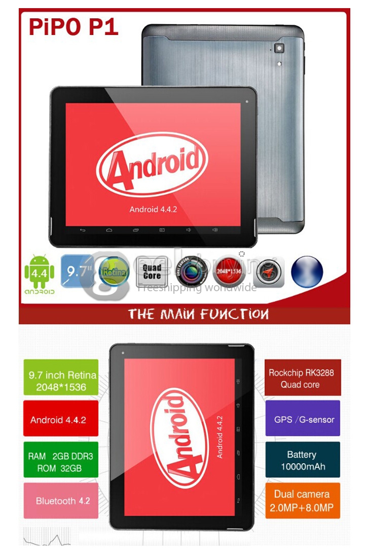 PiPO P1 RK3288 Quad Core 1.8GHz 9.7 Inch Android 4.4 OS Tablet PC 2G+32GB Retina 2048*1536 Touch Screen 