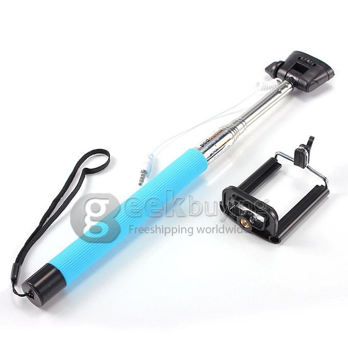 Extendable Stretch Wired Self-timer Selfie Monopod Stick Handheld for iPhone & Samsung Smartphone (100cm) - Blue