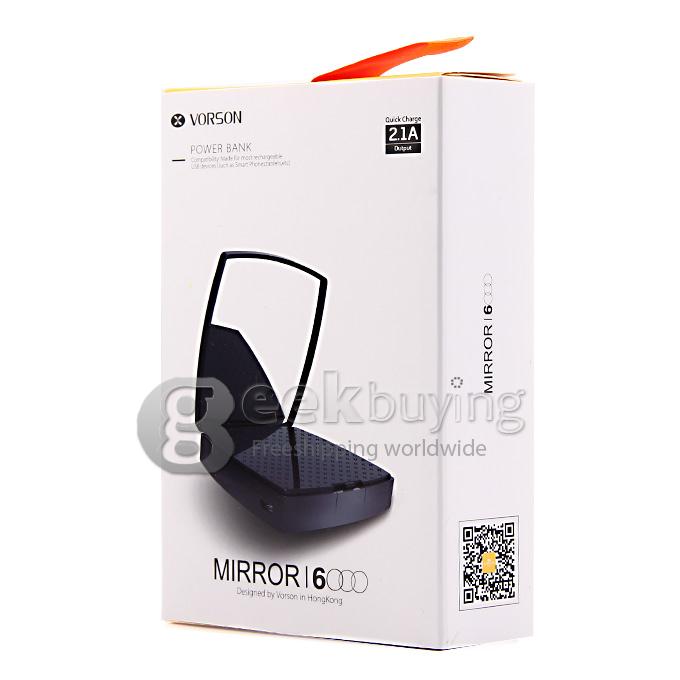 Vorson Mirror 6000mAh Power Bank External Li-polymer Battery 2.1A for iPhone iPad Smartphone Tablet - White