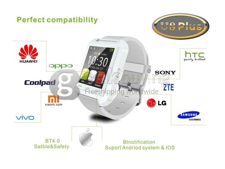 U8 Plus Bluetooth Touch Screen Bluetooth 3.0 Smart Wrist Watch Anti-lost Remote Camera for iPhone Android Phone - White