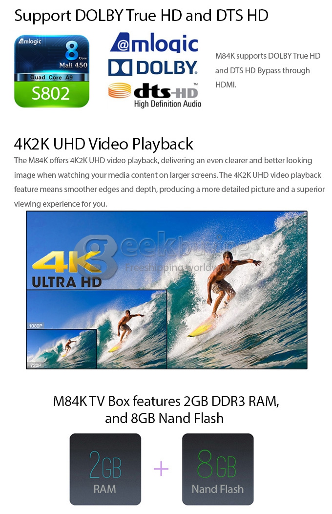 M84K Amlogic S802 Quad Core 2.0 GHz Android 4.4 HD 4K Mini TV BOX HDMI HDD Player 2G/8G Dual Band 2.4G/5G WIFI XBMC Patch Bluetooth - Black