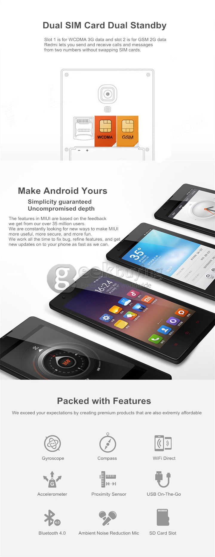 Xiaomi Redmi 1S Qualcomm Quad Core 1.6GHz 4.7 Inch MIUI V5 OS Smartphone 1GB RAM 8GB ROM 8.0MP IPS HD OTG Gyroscope Black