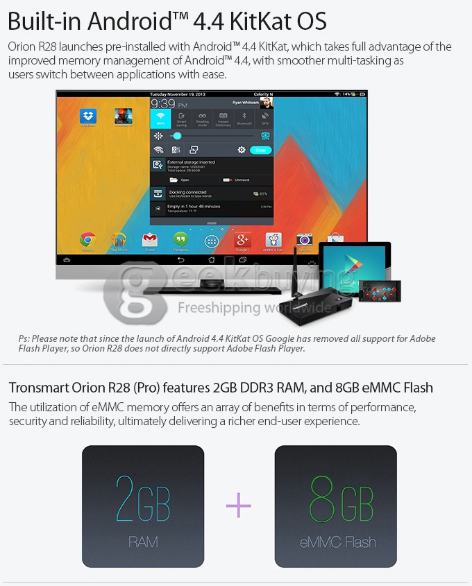 Tronsmart Orion R28 Pro RK3288 Quad Core 1.8GHz Android 4.4 Mini TV Box HDMI HDD Player 2G/8G Wifi Bluetooth Support 4K OTA OTG