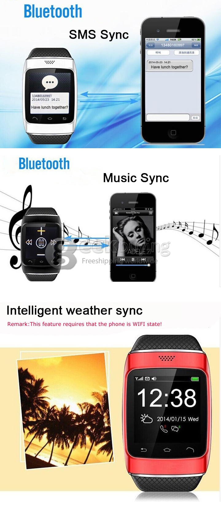 Q2 Smart Bluetooth 1.54 Inch Touch Screen Watch Support SYNC Anti Lost Mic FM Pedometer Music Play - Black