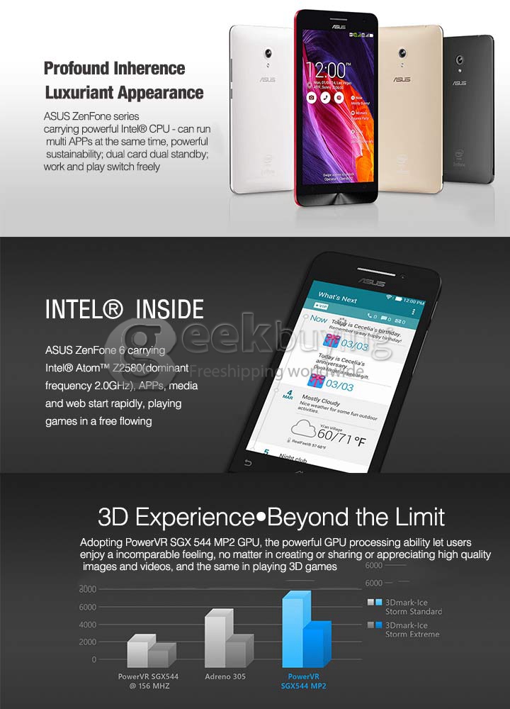 [HK Stock]ASUS Zenfone 6 1280*720 Pixels Intel Z2580 Quad Core 2.0GHz SmartPhone 6.0 Inch Android 4.3 2GB RAM 16GB ROM 3G HD 13.0MP - White
