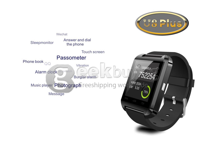 U8 Plus Touch Screen Bluetooth 4.0 Smart Wrist Watch Anti-lost Remote Camera for iPhone Android Phone - Black