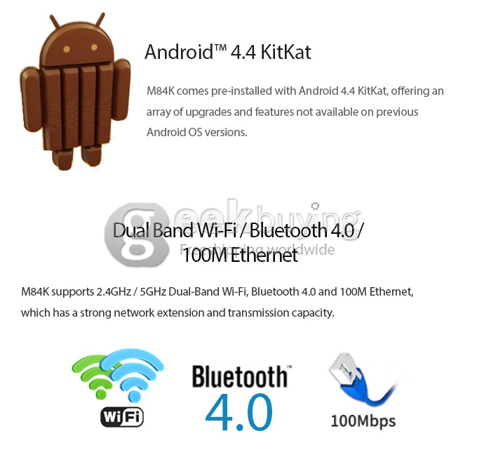 M84K Amlogic S802 Quad Core 2.0 GHz Android 4.4 HD 4K Mini TV BOX HDMI HDD Player 2G/8G Dual Band 2.4G/5G WIFI XBMC Patch Bluetooth - Black