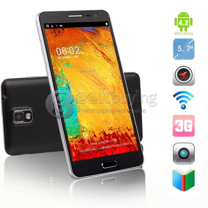 Star N9000 MTK6582 Quad Core 1.3GHz 5.7Inch Android 4.2 OS SmartPhone 1GB RAM 8GB ROM IPS HD Screen 13.0MP Camera with 3G/GPS - Black