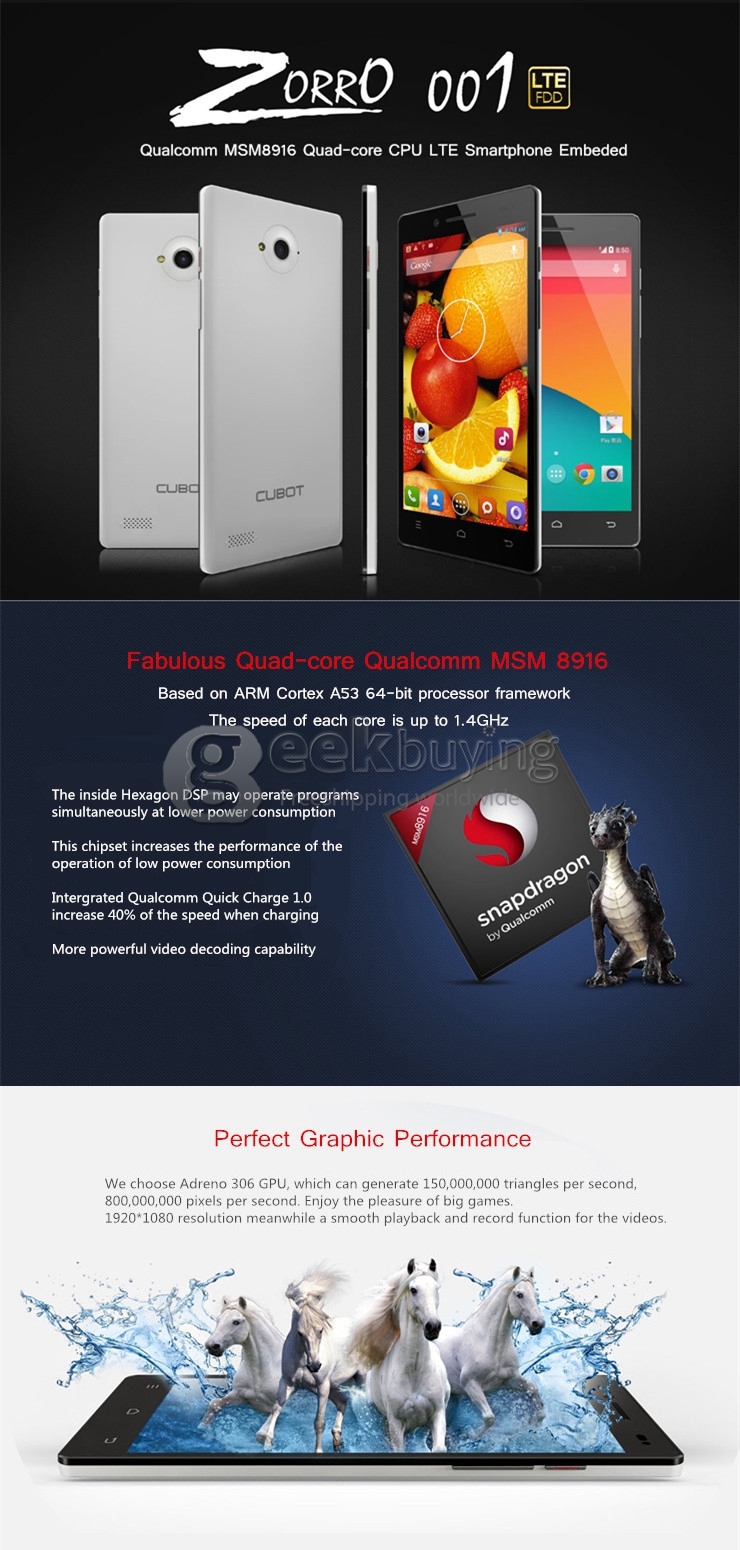 Cubot ZORRO 001 Qualcomm MSM8916 Quad Core 1.2GHz 5 inch Smartphone HD IPS Android 4.4 1GB 8GB 8MP 2MP 4G FDD-LTE -Black