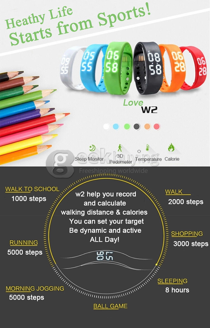 W2 Multi-function USB LED 3D Smart Wrist Band Watch Support Time Calorie 3D Pedometer Temperature Sleep Health Monitor - Yellow