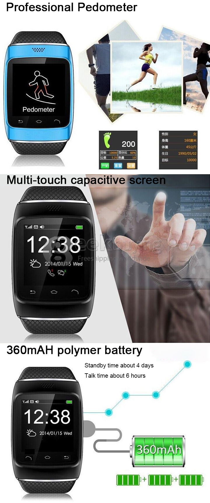 Q2 Smart Bluetooth 1.54 Inch Touch Screen Watch Support SYNC Anti Lost Mic FM Pedometer Music Play - Blue