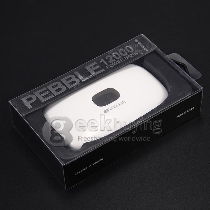 Vorson Pebble 12000mAh Dual USB Power Bank External Battery 1A/2.1A with Digital Display for Smartphone Tablet - White