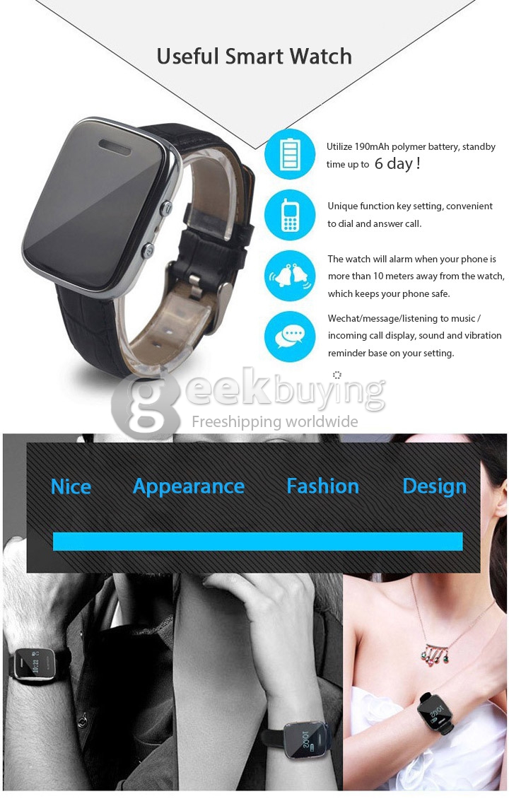 E6 Bluetooth 3.0 Smart Leather Band Watch Wristwatch for Android iOS