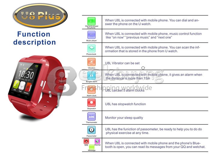 U8 Plus Touch Screen Bluetooth 4.0 Smart Wrist Watch Anti-lost Remote Camera for iPhone Android Phone - Red
