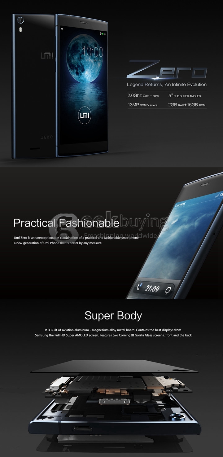 Free Shipping UMI ZERO 5.0 inch Android 4.4 MTK6592T Octa Core 2.0GHz Smartphone 2GB+16GB 13.0MP+8.0MP IPS FHD 3G/GPS - Dark Blue