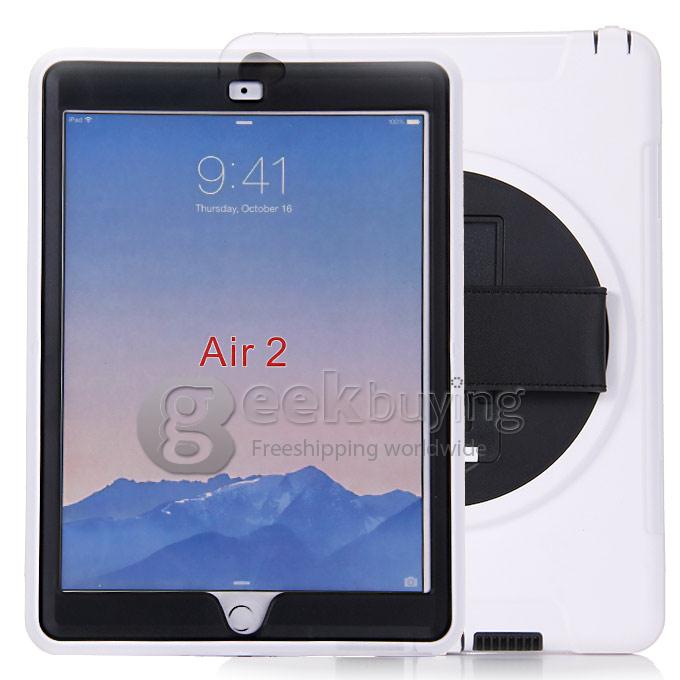 New Silicon 360 Full Degree Rotating Case Cover with Hand Tether Strap for Apple iPad Air 2 - White