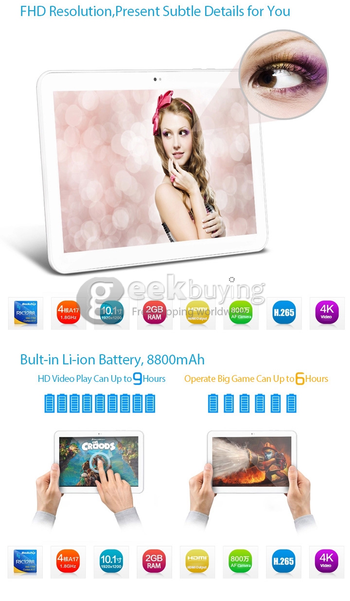 PIPO P9 RK3288 Quad Core 10.1 inch IPS Touch Screen Bluetooth/GPS 4K Video Android 4.4 OS Tablet PC 2GB RAM 32GB ROM White