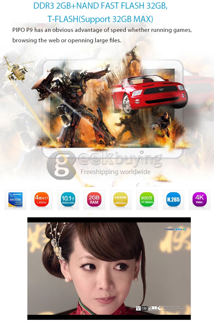 PIPO P9 RK3288 Quad Core 10.1 inch IPS Touch Screen Bluetooth/GPS 4K Video Android 4.4 OS Tablet PC 2GB RAM 32GB ROM White