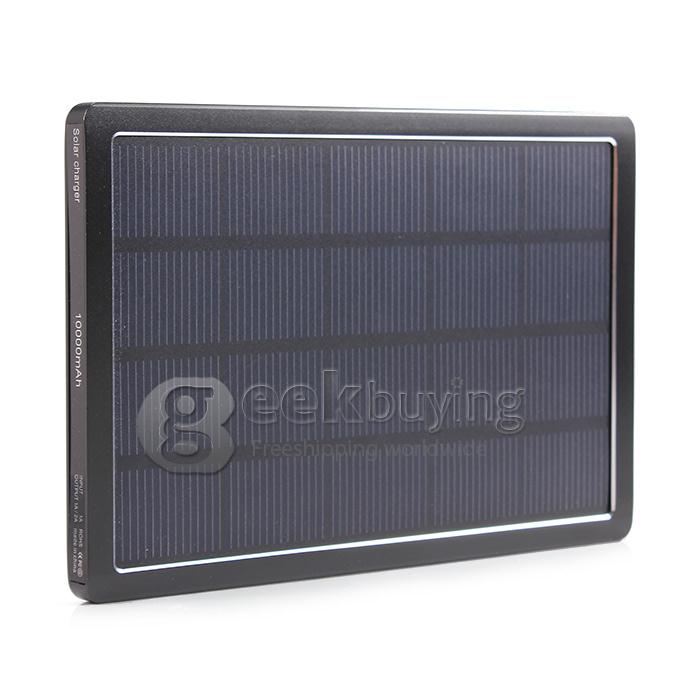 Aluminum Mobile 10000mAh Dual USB Charger Solar Power Bank 1A/2A for iPhone/iPad/Galaxy Pad - Black
