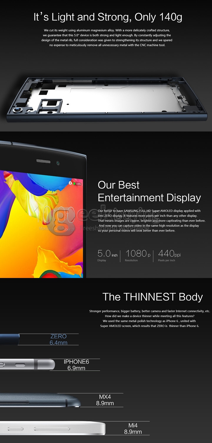 Free Shipping UMI ZERO 5.0 inch Android 4.4 MTK6592T Octa Core 2.0GHz Smartphone 2GB+16GB 13.0MP+8.0MP IPS FHD 3G/GPS - Dark Blue