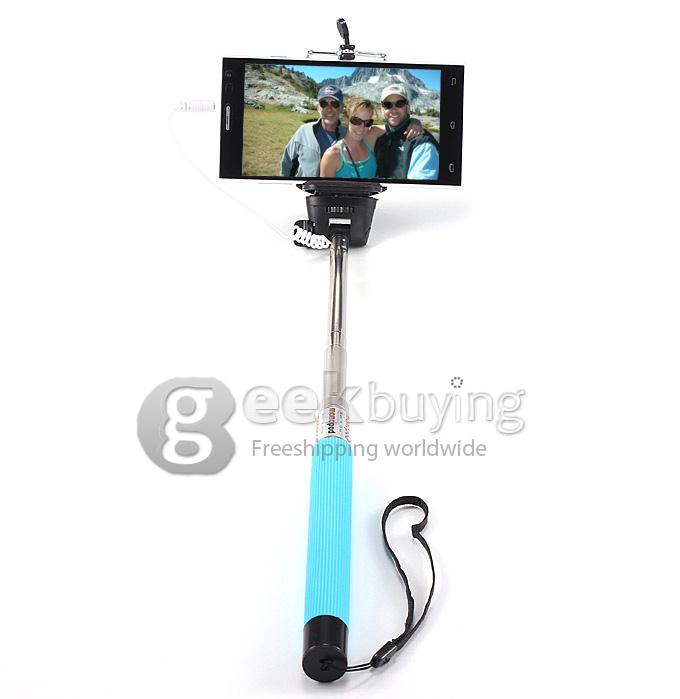 Extendable Stretch Wired Self-timer Selfie Monopod Stick Handheld for iPhone & Samsung Smartphone (100cm) - Blue