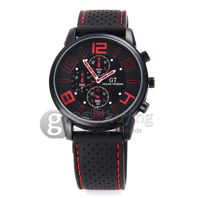 GT Men's Fashion Round Dial PU Band Analog Japanese Quartz Wrist Watch - Red