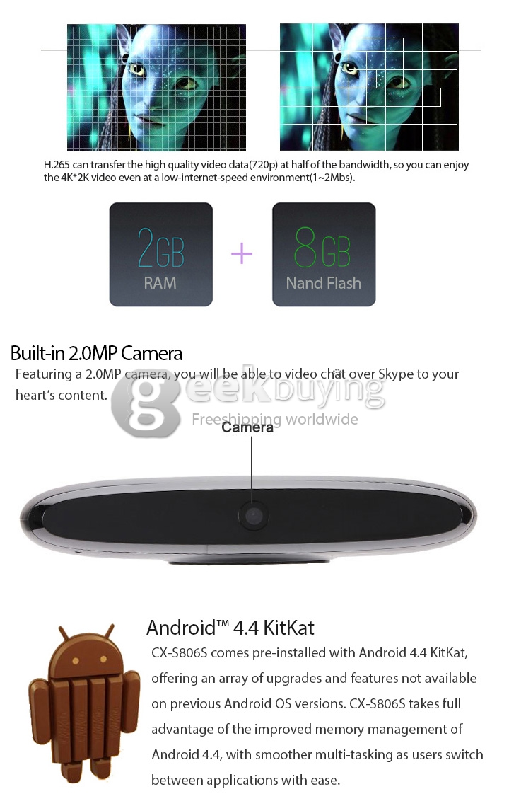 CX-S806S Amlogic S812 Quad Core 2.0GHz Android 4.4 Mini TV BOX HDMI HDD Player 2G/8G WIFI H.265 2.0MP Camera XBMC Bluetooth DLNA - Black
