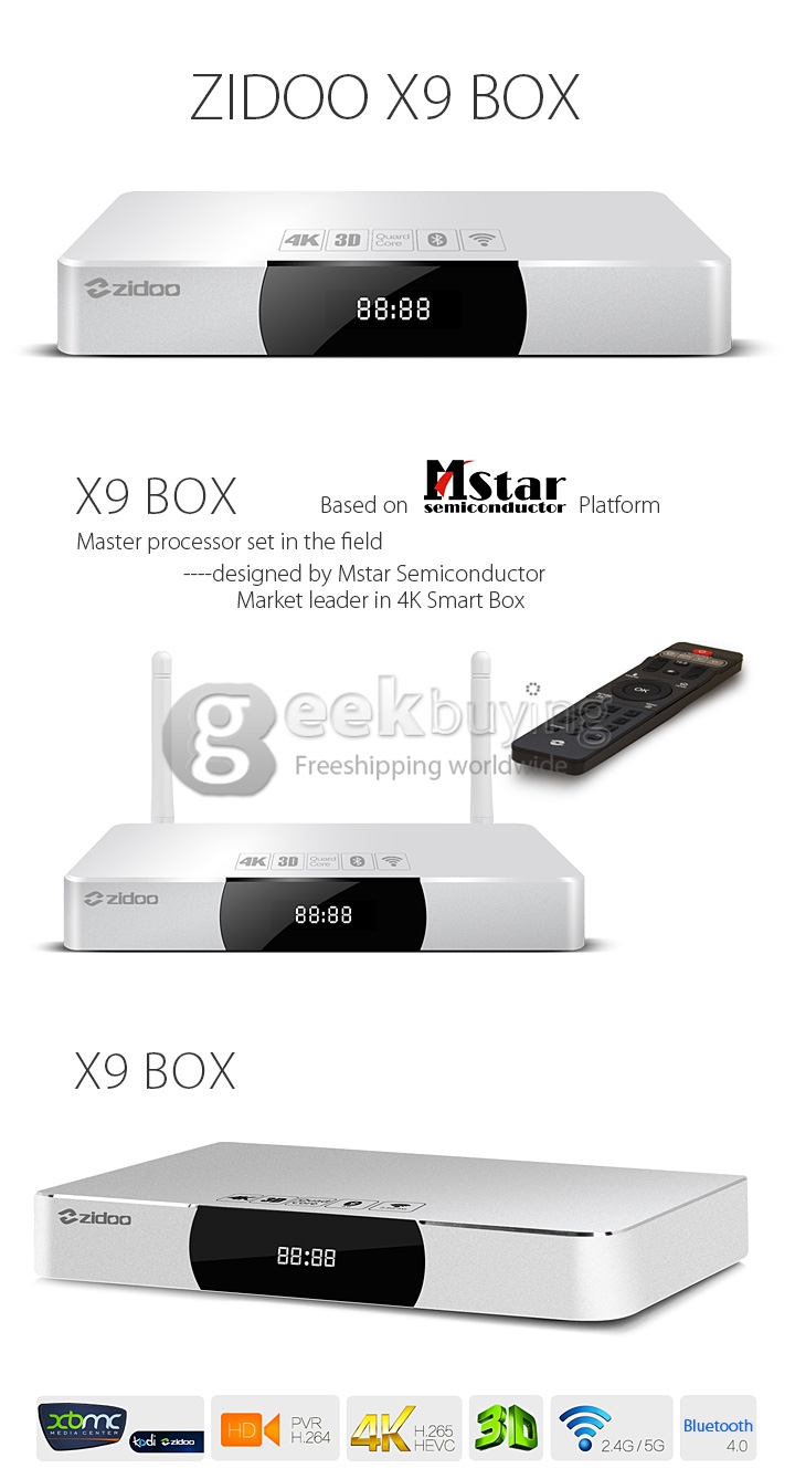 ZIDOO X9 Quad Core Smart XBMC KODI 4K TV BOX MSTAR HDMI-in Recorder Android OS 2G/8G 4K H.265 Player Dolby DTS w/ USB3.0 2G/5G WiFi BT