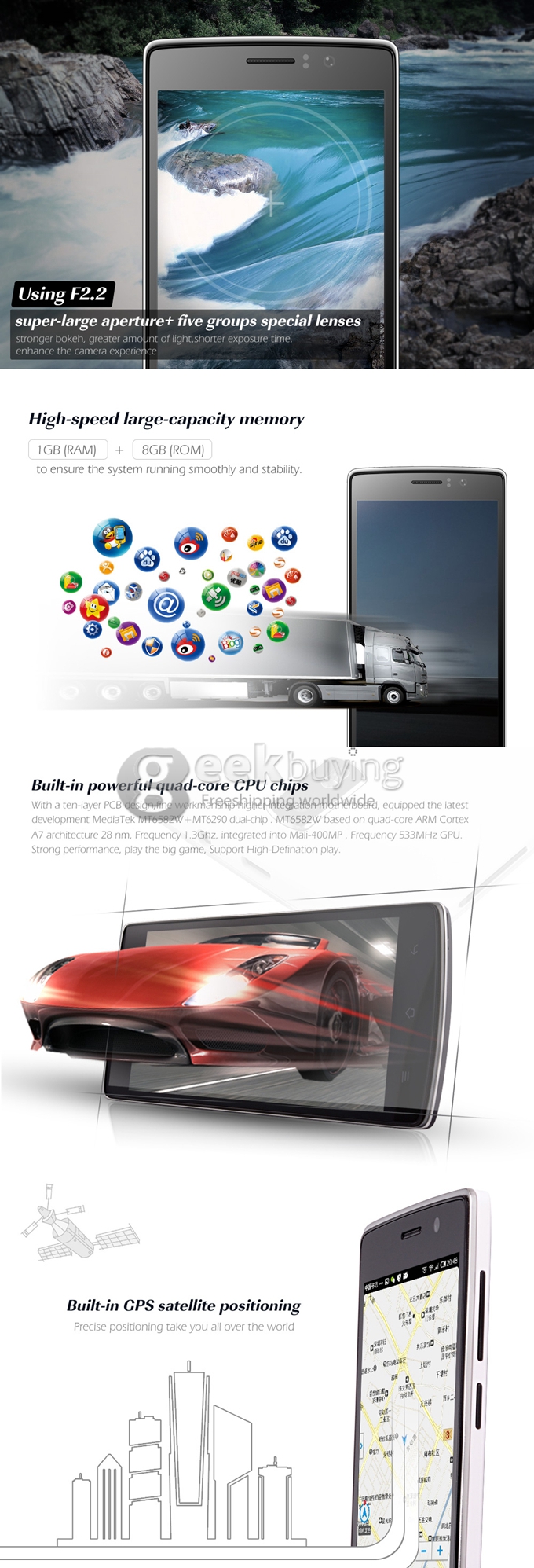 LANDVO L200S 5.0Inch IPS HD MTK6582 Quad Core 1.3GHz Smartphone Android 4.4 1GB RAM 8GB ROM 8MP 2MP Dual SIM 4G - Black