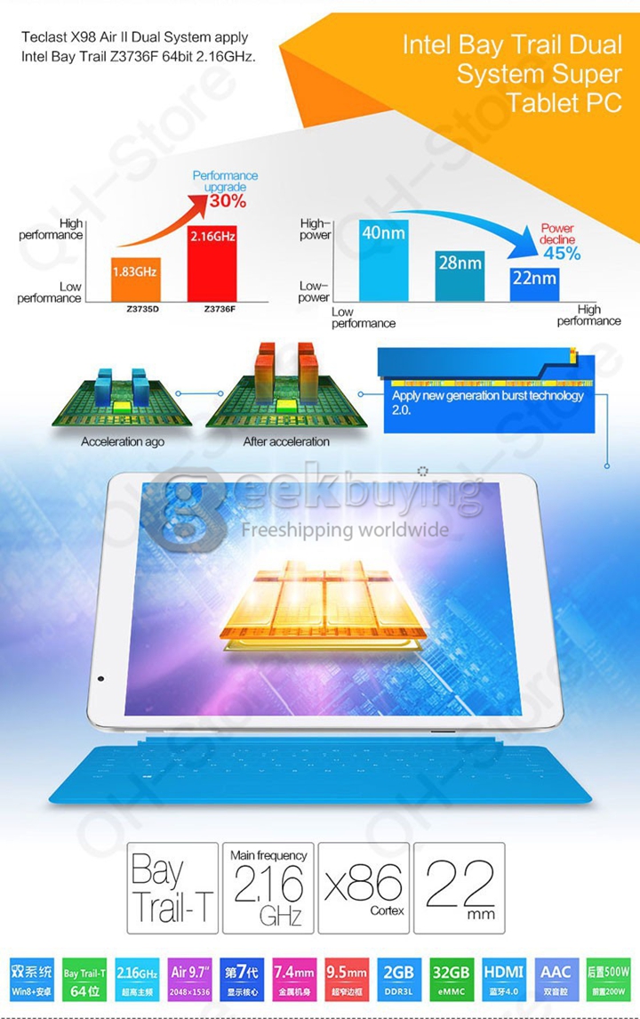 Teclast X98 Air II Dual OS Intel Bay Trail-T Z3736F Quad Core 2.16 GHz 9.7 Inch Tablet PC Android 4.4 & Windows 8.1 2048*1536 IPS 2GB/32GB
