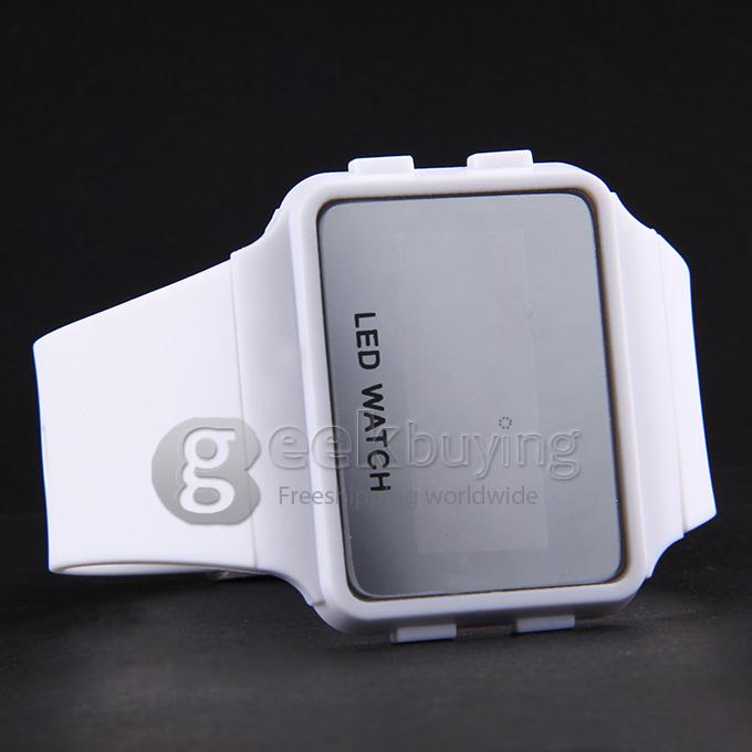 Unisex LED Digital Bright Colorful Square Case Silicone Strap Quartz Sport Wrist Watch - White