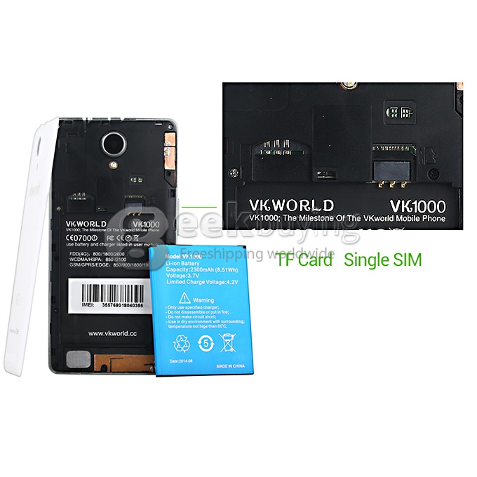 VK1000 5 Inch FDD-LTE 4G Smartphone IPS QHD Screen MTK6582+6290 Dual Platform 1GB RAM 4GB ROM 8.0MP Android 4.2 OTG/GPS - White