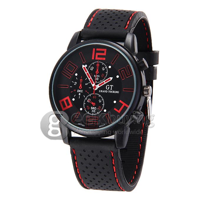 GT Men's Fashion Round Dial PU Band Analog Japanese Quartz Wrist Watch - Red