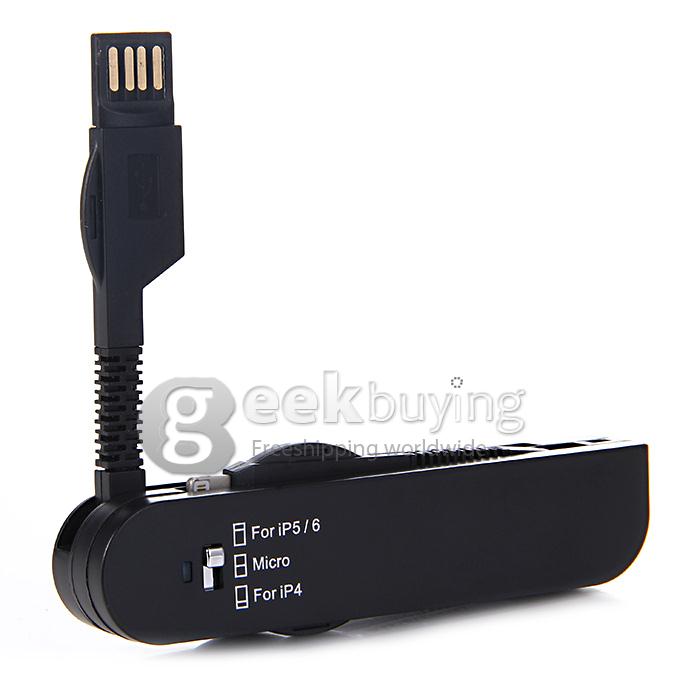 Portable 4 in 1 Foldable USB Data Sync / Charging Cable Adapter for iPhone 4/4S/5S/6 Plus - Black
