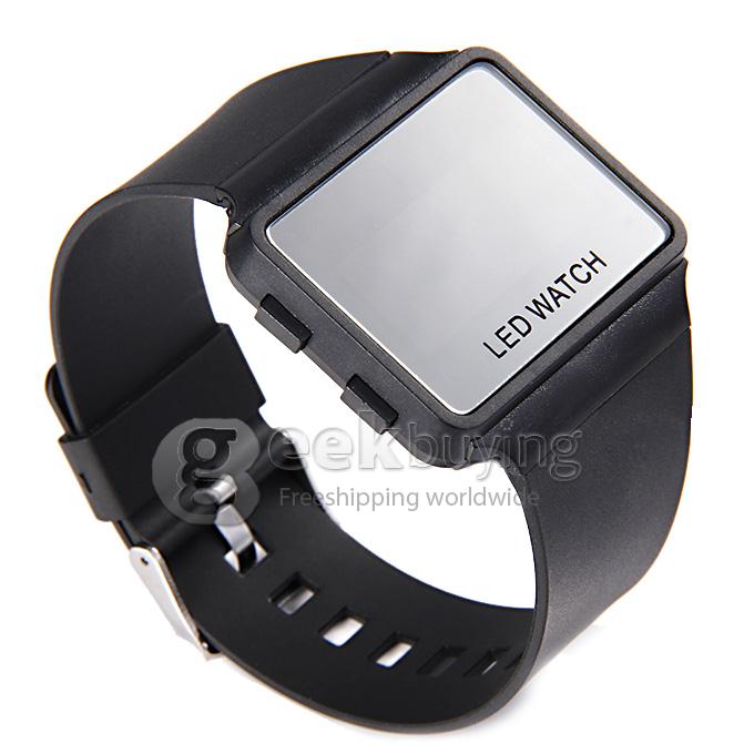 Unisex LED Digital Bright Colorful Square Case Silicone Strap Quartz Sport Wrist Watch - Black