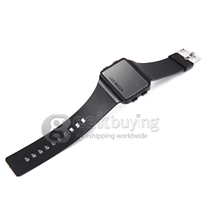 Unisex LED Digital Bright Colorful Square Case Silicone Strap Quartz Sport Wrist Watch - Black
