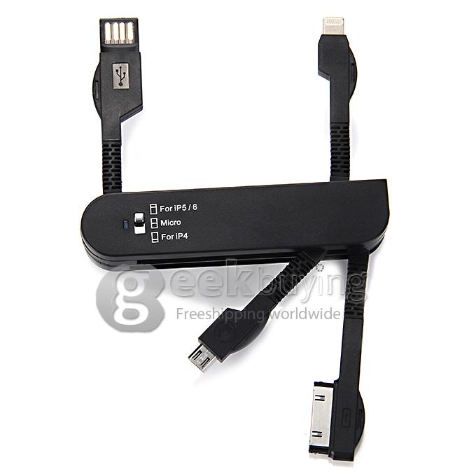 Portable 4 in 1 Foldable USB Data Sync / Charging Cable Adapter for iPhone 4/4S/5S/6 Plus - Black