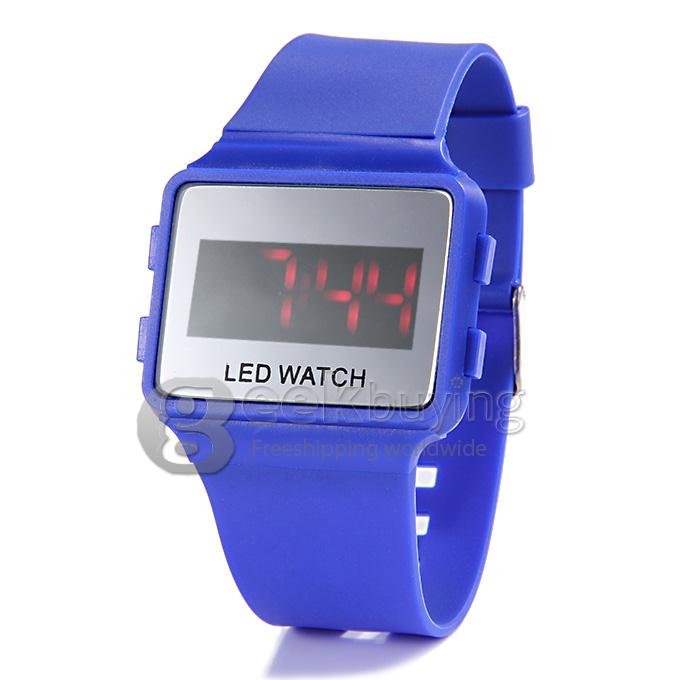 Unisex LED Digital Bright Colorful Square Case Silicone Strap Quartz Sport Wrist Watch - Blue
