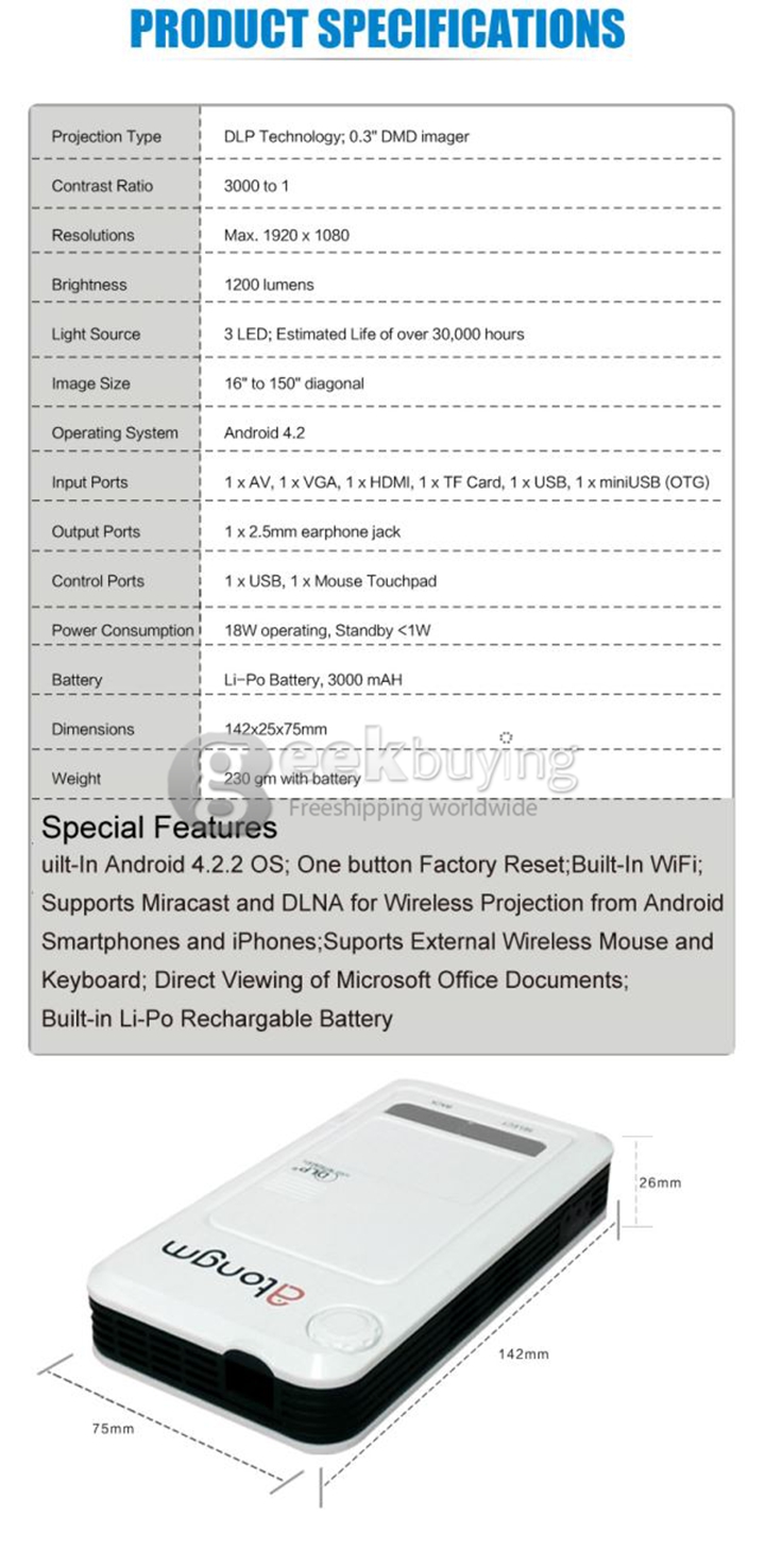 Atongm D9 Ultra-slim Android 4.2 1080P DLP LED Home Theater Projector Wifi HDMI/USB/AV/VGA/OTG/Micro SD Card (US Plug) - White