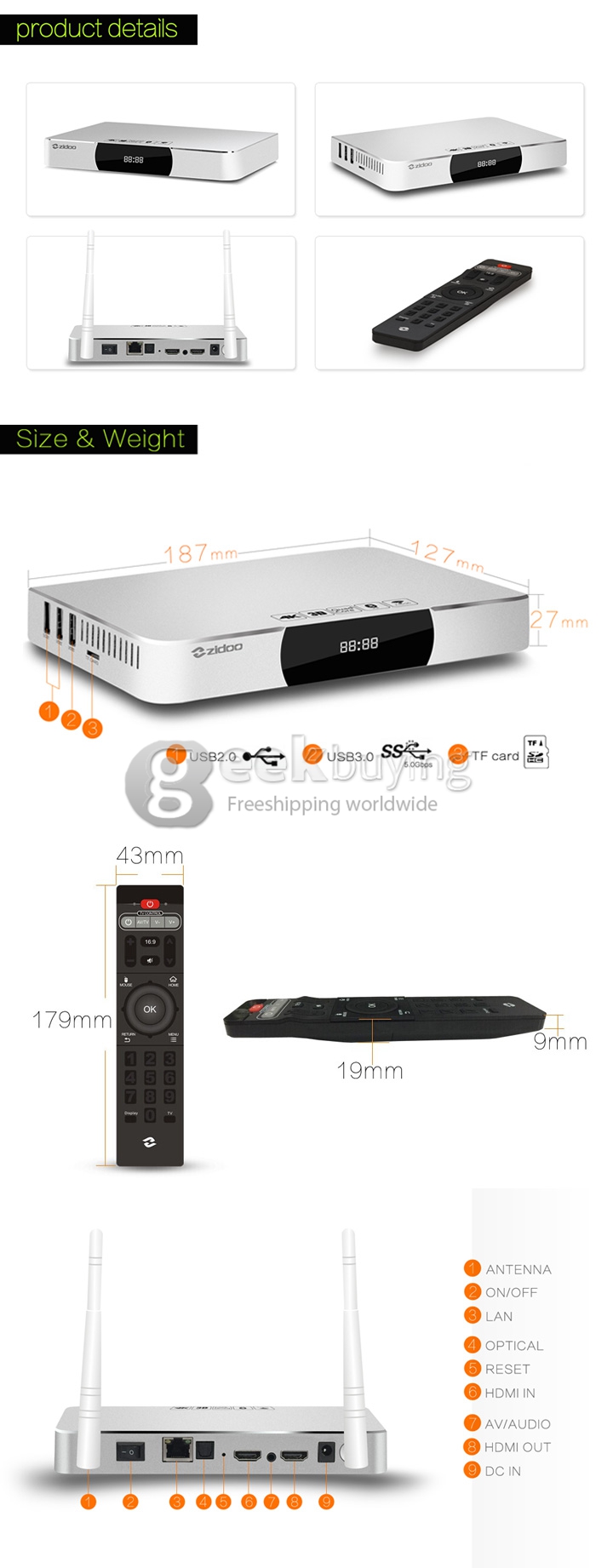 [Spain Stock]ZIDOO X9 Quad Core Smart XBMC KODI 4K TV BOX MSTAR HDMI-in Recorder Android OS 2G/8G 4K H.265 Player Dolby DTS w/ USB3.0 2G/5G WiFi BT