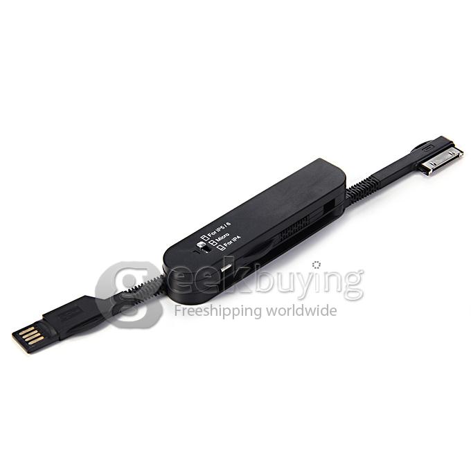 Portable 4 in 1 Foldable USB Data Sync / Charging Cable Adapter for iPhone 4/4S/5S/6 Plus - Black