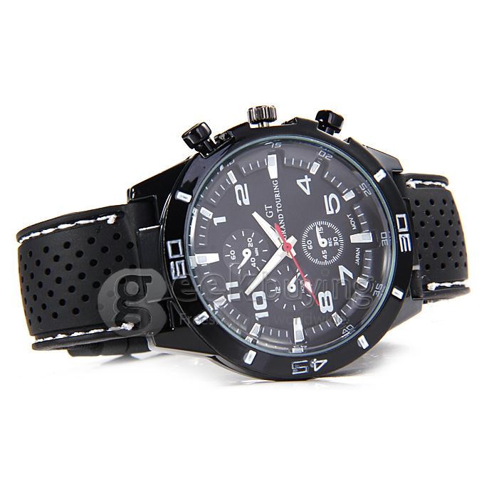 GT W5373 Men's Fashion Round Dial PU Band Analog Japanese Quartz Wrist Watch - Black