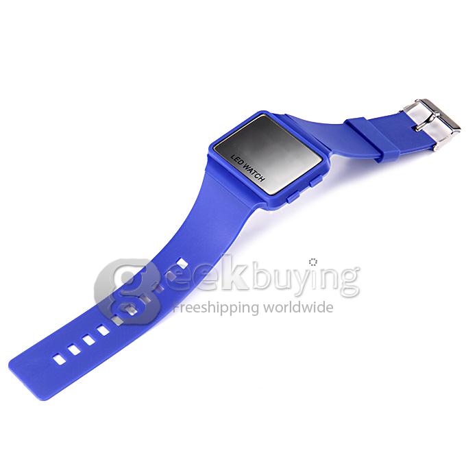 Unisex LED Digital Bright Colorful Square Case Silicone Strap Quartz Sport Wrist Watch - Blue