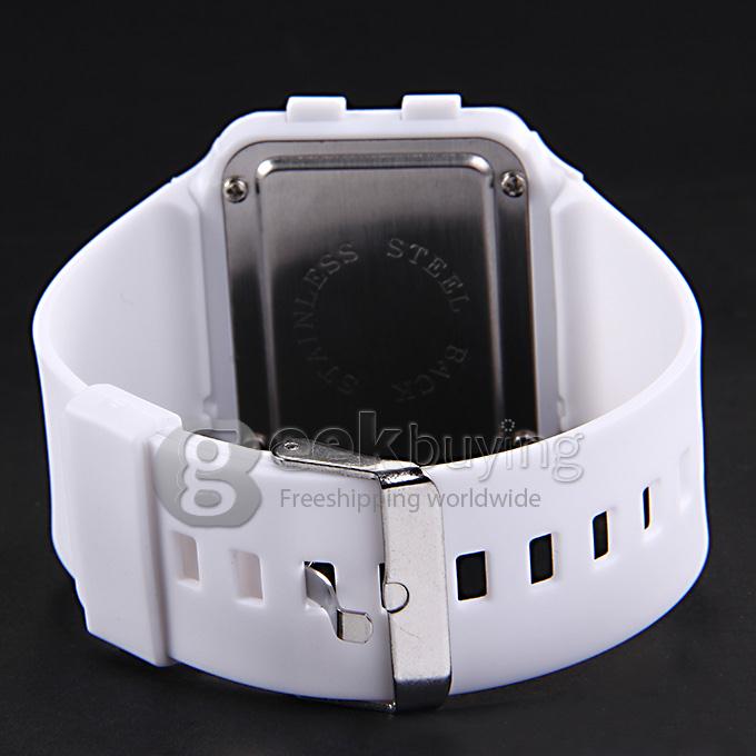 Unisex LED Digital Bright Colorful Square Case Silicone Strap Quartz Sport Wrist Watch - White